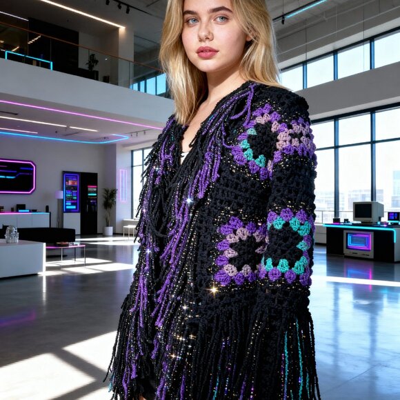 Granny Square Super Fringe Black Purple Greens L/XL - Picture 1 of 12